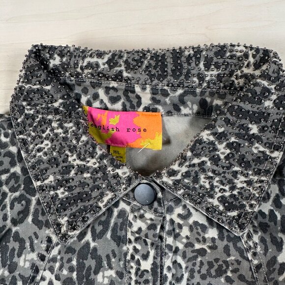 NWOT‎ - English Rose Denim Vest Women's M/L Gray Camo Leopard Beaded Fringe - Picture 8 of 9